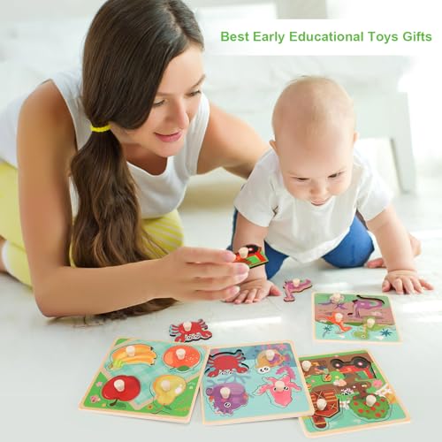 Wooden Peg Puzzles for Toddlers 1-3, Kids' Educational Preschool Peg Puzzle Toy, Set of 4 Toddler Puzzles - Farm, Dinosaur, Fruit and Marine Animals, Ideal Gift for Ages 1 2 3 Boys and Girls - color: Style a