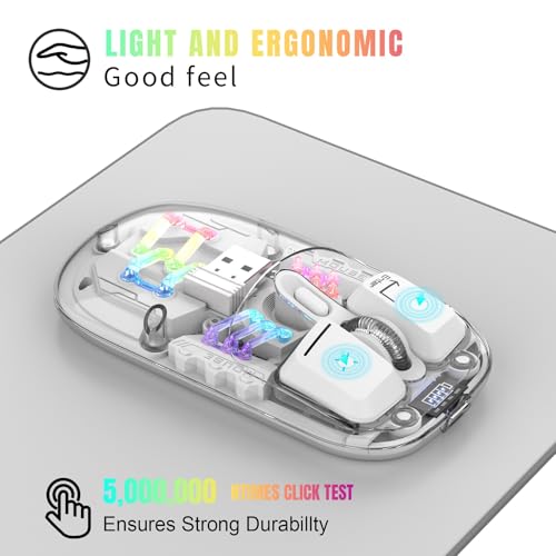 Wireless Bluetooth Mouse, Transparent BT + 2.4G Dual-Mode Mechanical Mouse with Magnetic Top Cover, Rechargeable RGB Backlit Gaming Mouse for Gaming/Esports/Desktop/Laptops/Tablets (White) - color: White
