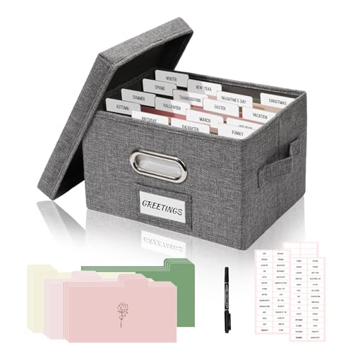 Greeting Card Organizer Box 10x7.8 in, Grey | Linen card holder w 16 dividers, 84 labels & pen, keeps cards envelopes photos organized, compact sturdy gift for home office - color: Grey, size: 1 Pack