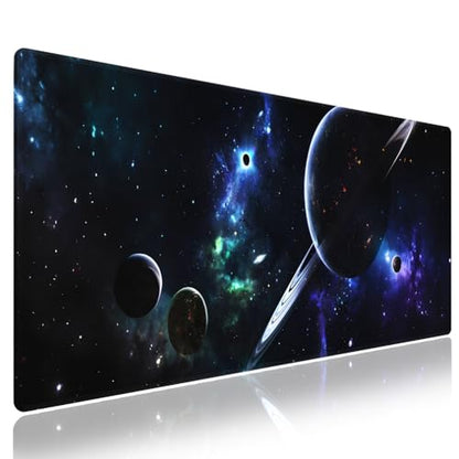 Space Planets Navy Blue Large Mouse Pad, Cosmic Galaxy Fantasy Desk Mat | 31.5" x 11.8", XXL Gaming/Office Stitched Mousepad, Smooth Surface Anti-Slip Base - color: Design WKLXD035
