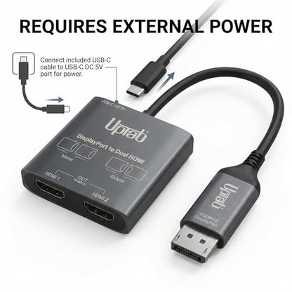 DisplayPort to Dual HDMI Adapter 4K 60Hz, MST Hub Splitter | Converter Dual Monitors Extended Display SST MST Hub, Display Port Extend 1 in 2 HDMI Out, DP to 2X HDMI 2.0