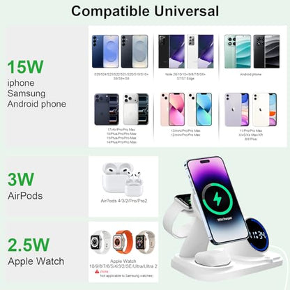 6-in-1 Wireless Charging Station with Bluetooth Speaker,Digital Clock and Ambient Lights,Fast Wireless Charger for Multiple Devices for Apple - iPhone 17 16 15 14 13 12 Pro Max Apple Watch Airpods