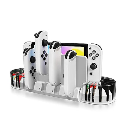 TNP Nintendo Switch Charging Dock, 4 Joy-Con Slots, 20-Card Holder, White | Joy-Con charging station for Nintendo Switch and Switch OLED with LED indicators, USB dock connection, and 4-slot capacity.