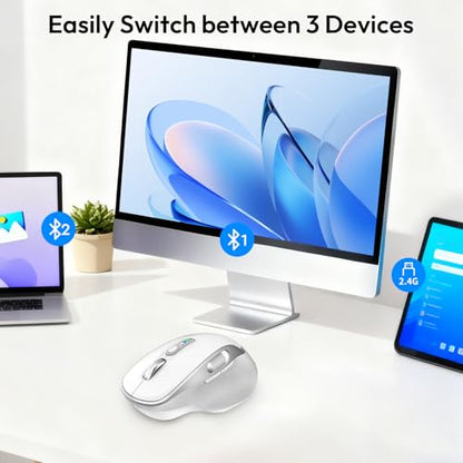 Rechargeable Wireless Mouse with Side Scroll Bluetooth Mouse -White | Bluetooth Computer Mouse for Laptop Multi Device Programmable Mouse, Smart Flying Scrolling for PC, Desktop,Tablet - color: White