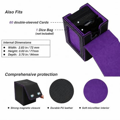 MTG Deck Box with Commander Display Window (Black＆Purple, 1 window) | Holds 120 Single/100 Double-Sleeved Cards, Fit MTG/PTCG/OPTCG Cards, Strong Magnet, PU Leather, With 2 Dividers & 1 Toploader - color: Black and Purple