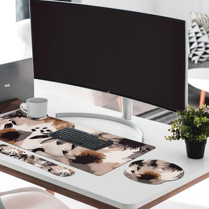 Britimes Brown Boho Tribal Flower Keyboard Mouse Pad Set 4in1 Large Mousepad+Keyboard Wrist Rest+Mouse Wrist Rest+Coaster Set with Ergonomic Design for Home Office Computer 35.4x15.7 inches - color: Brown Boho Flower