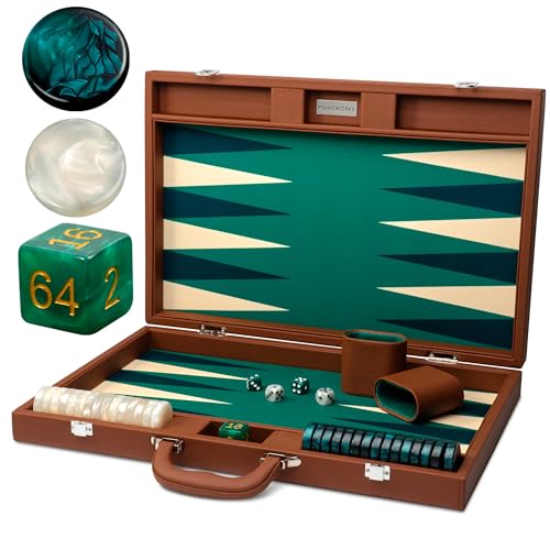 Pointworks 19 Inch Premium Backgammon Sets for Adults Leather Brown - Green. Premium 1.6 Inch Checkers & Dice Set, Travel Backgammon Set, Large, Backgammon Board Game, Backgammon Game Set - color: Brown Case - Green Field