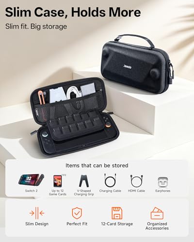 JEMDO Portable Slim Carrying Case for Switch 2, Hard Shell Travel Case | Shockproof EVA Shell with Soft Interior, 12 Game Slots, Dual Zippers, Adjustable Strap, 6 Thumb Grips - color: Black