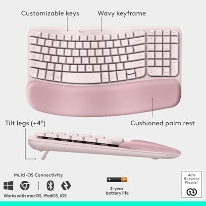 Logitech Wave Keys & Lift Vertical Mouse - Ergonomic Wireless Keyboard and Mouse Combo - with Cushioned Palm Rest, Easy-Switch, Bluetooth, for Multi-OS, Windows/Mac - Rose - color: Rose, style: Right-Handed
