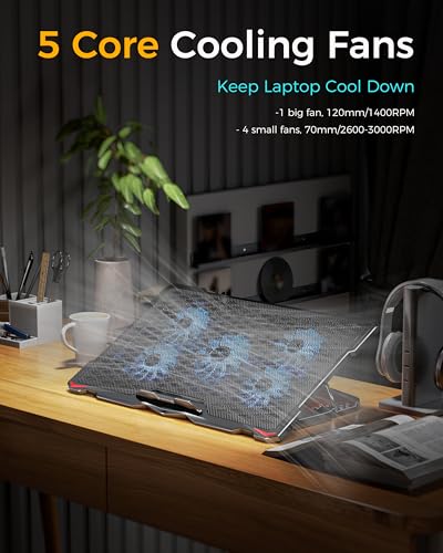 AICHESON Laptop Cooling Pad 5 Fans Up to 17.3 Inch Heavy Notebook Cooler, Blue LED Lights, 2 USB Ports, S035, Blue-5fans - color: Blue