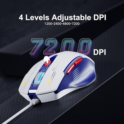 Uineer Wired Mouse, USB-A Computer Mouse with 6 Buttons,Adjustable | Plug-and-play USB-A wired connection with 6 programmable buttons, 7200 DPI and a 1.5 m cable. - color: Bluewhite