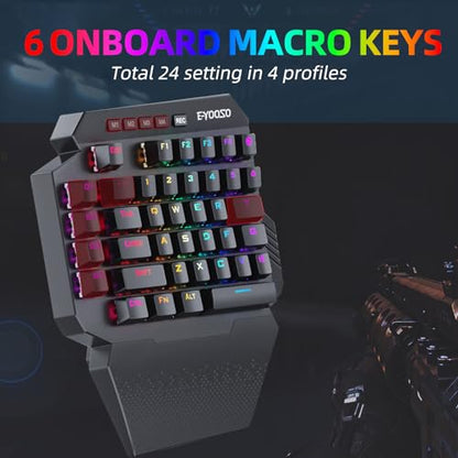 HUO JI Wireless One Handed Mechanical Gaming Keyboard, Red Switch | 6 Onboard Macro Keys, 2.4Ghz and USB-C Wired Dual Mode, RGB Led Backlit, Wrist Rest, Durable Battery