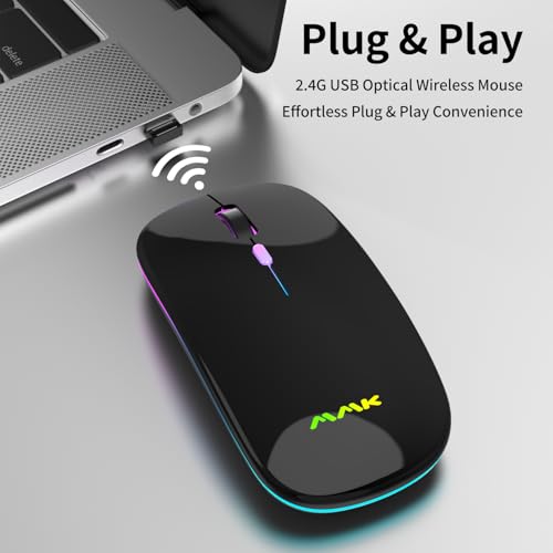 MMK Wireless Bluetooth Mouse, 2.4G Rechargeable Optical Mouse for Laptop | LED Slim Dual Mode (Bluetooth 5.0 and 2.4G) Wireless Mouse for Laptop, PC, Mac OS, Android, Windows (Black) - color: Black