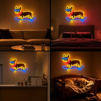 French Bulldog Skateboarding Neon Sign, Skateboard Dog Frenchie Wearing Glasses Neon Signs | Dimmable LED Bulldog Wall Art Decor | Frenchie Dog Lover Gifts - color: French Bulldog