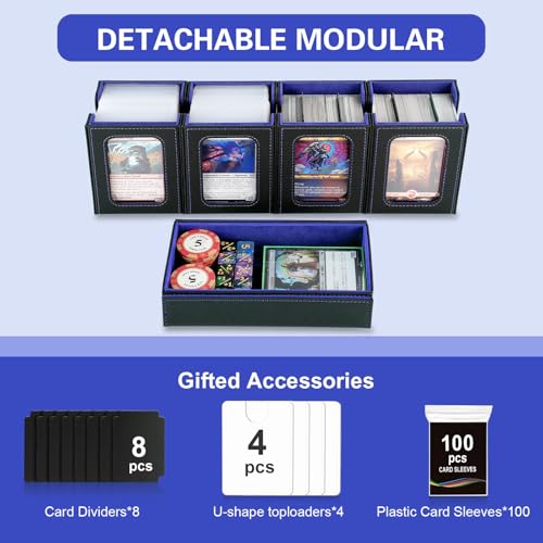 Commander Deck Box for MTG,Card Storage Box Fits 400+ Double-Sleeved Cards,4 Removable deck Case with Display Windows＆Handle,Card deck box for TCG/PTCG/EDH(Black &Blue) - color: Black/Blue