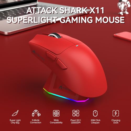 ATTACK SHARK X11 Wireless Gaming Mouse, PAW3311 Sensor, Lightweight, RGB Charging Dock, 22,000 DPI, Tri-Mode Connectivity, 5 Programmable Buttons - Red - color: Red, size: Mouse only