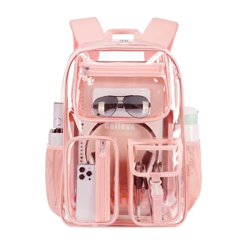 Pink Clear Backpack Heavy Duty For Stadiums Events,16in TPU Girls BookBag | Large capacity See Through Plastic backpack Stitch Durable Design 6-Pocket For School Girl Adults work Airport Quick Security - color: Pink