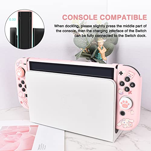 DLseego Cute Dog Switch OLED Protective Case Silicone Soft Cover Shockproof Pink Skin Joy Con Shell with 4PC Cat Claw Thumb Grips Caps