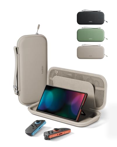 Belkin Nintendo Switch 2 Case, Travel Bag w/AirTag Holder & Storage Pocket for Up to 12 Game Cards - Portable, Lightweight Carrying Case w/Hard Shell, Soft Interior, Switch 2 Accessories - Sand - color: Sand