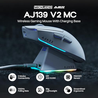 MechLands AJAZZ AJ139 V2 MC Gaming Mouse with Charging Base, Adjustable 12,000 DPI, PAW3311 Sensor, 3 Modes Wireless Mouse, 500mAh Battery, 1000 Polling Rate, 66g Lightweight, Win/Mac (White) - color: White