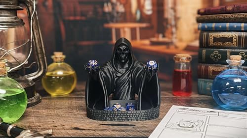 MunnyGrubbers - Grim Reaper Dice Tower - Original Design - (Random 7PCS D20 Dice Set Included) - Tabletop Roleplaying Game - Dice Roller - Dungeons and Dragons - DND - D&D - (Black)