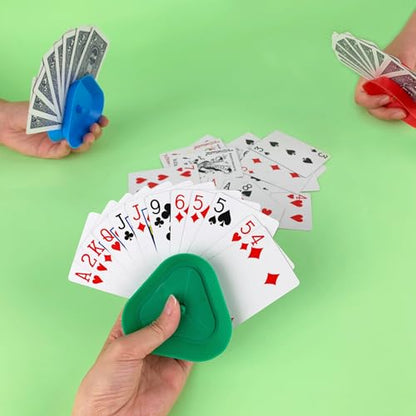 ZUFECY 4-Pack Triangular Card Holders, Small Lightweight ABS Holders for Kids and Seniors, 4 Colors with Push-Button Design for Poker Parties, School and Family Card Games
