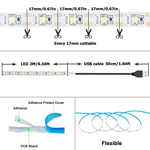 USB LED Strip Cool White 6000K 5V USB Powered 13.12ft/4M(2pcs x 6.6ft) | 240LEDs Flexible SMD2835 High Brightness No-Waterproof IP20 LED Tape Lights - color: Cool White
