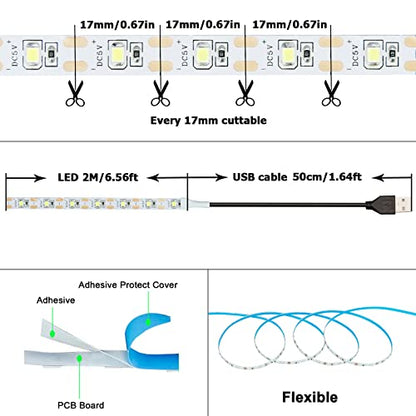 USB LED Strip Cool White 6000K 5V USB Powered 13.12ft/4M(2pcs x 6.6ft) | 240LEDs Flexible SMD2835 High Brightness No-Waterproof IP20 LED Tape Lights - color: Cool White