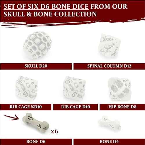 D6 Dice Set - Set of Six 6 Sided Dice - Skull & Bone Themed RPG Dice. Cool & Unique Gift and Compatible with Dungeons & Dragons (DND), D&D, Pathfinder, D and D. (Cleaned Bone White) - color: Cleaned Bone White, style: Six D6