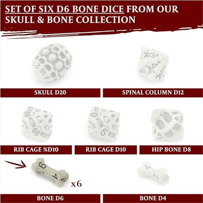 D6 Dice Set - Set of Six 6 Sided Dice - Skull & Bone Themed RPG Dice. Cool & Unique Gift and Compatible with Dungeons & Dragons (DND), D&D, Pathfinder, D and D. (Cleaned Bone White) - color: Cleaned Bone White, style: Six D6