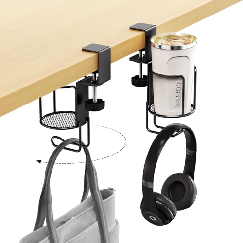 CABTE 2 Pack 2 in 1 Desk Mug Hooks with Headphone Hanger Holder | Anti-Spill Clip-On Table Mug Hooks with 360° Rotation for Lawn Chair, Office Home Gaming Table - color: 2 PACK