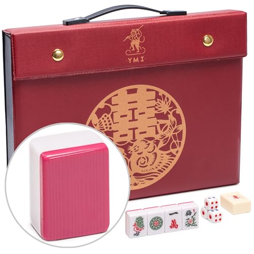 Yellow Mountain Imports Chinese Mahjong Set - “Rouge Harmony” - with 146 Medium Tiles, Red Vinyl Case, Wind Indicator and Dice - for Chinese Style Gameplay Only [胭红绽放 中式麻将] - color: Rose Red