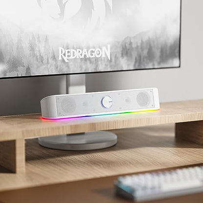 Redragon GS560 RGB Desktop Soundbar, Dynamic Lighting Bar with Audio Sync | 2.0 Stereo Enhanced Auido Quality, Touch-Control Backlit, Volume Knob, Plug & Play USB Powered Computer Speaker - color: White