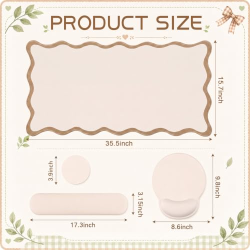 Sabary Scalloped Desk Mat Keyboard Mouse Pad Set 35.5 x 15.7 Inch Beige Preppy Table Mat Keyboard Wrist Rest Cute Aesthetic Mouse Pad with Wrist Rest Coaster Ergonomic Non-Slip Waterproof Gaming Desk - color: Beige, size: 35.5 x 15.7 Inch