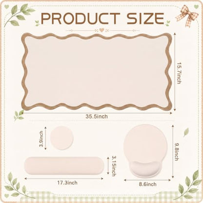 Sabary Scalloped Desk Mat Keyboard Mouse Pad Set 35.5 x 15.7 Inch Beige Preppy Table Mat Keyboard Wrist Rest Cute Aesthetic Mouse Pad with Wrist Rest Coaster Ergonomic Non-Slip Waterproof Gaming Desk - color: Beige, size: 35.5 x 15.7 Inch