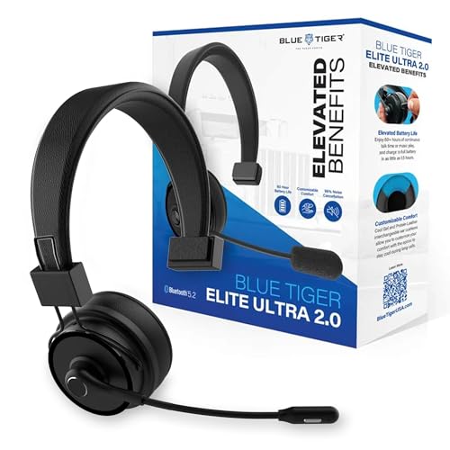 Blue Tiger Elite Ultra 2.0 Wireless Bluetooth Headset - One-Ear Trucker | Professional Mono headset with mic, wireless noise cancelling, high-fidelity sound, 60-hour talk time, USB-C, Bluetooth 5.2