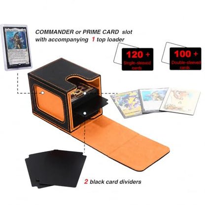 MTG Deck Box with Commander Display Window (Black&Orange, 1 window) | Holds 120 Single/100 Double-Sleeved Cards, Fit MTG/PTCG/OPTCG Cards, Strong Magnet, PU Leather, With 2 Dividers & 1 Toploader - color: Black and Orange
