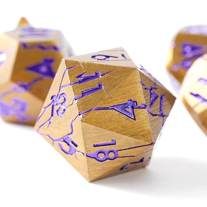 Metal Dice for DND - Ancient Cracked Pharaoh Ruins - Gold Purple Cracks | Beautiful 7pc Polyhedral Dice Set, Smooth Rolling, Role Playing Games (RPG), Compatible with D&D, for Dungeons and Dragons - color: Ancient Dark Gold Purple