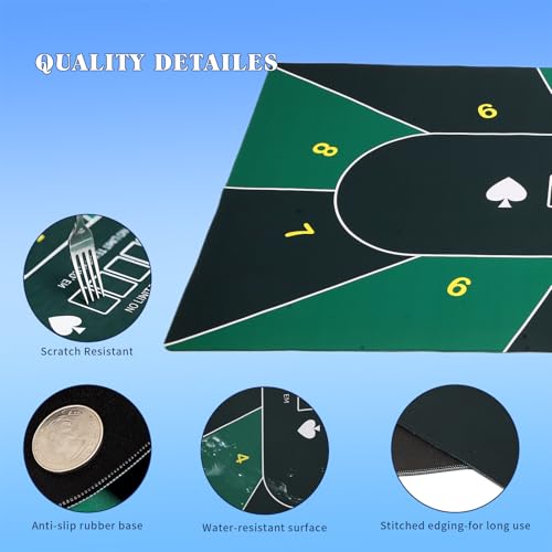 Poker Table Top Mat 70"x35" Blackjack Poker Mat with Non Slip Rubber Backing and Carry Bag for Home Poker Card Game Night Up to 10 Players (Green) - color: Green