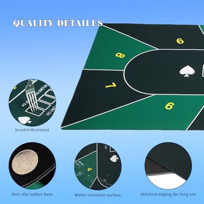 Poker Table Top Mat 70"x35" Blackjack Poker Mat with Non Slip Rubber Backing and Carry Bag for Home Poker Card Game Night Up to 10 Players (Green) - color: Green