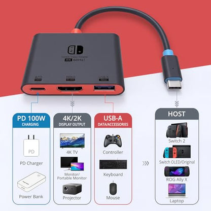 Switch 2 Dock for TV, Aluminum Alloy Shell HDMI 2.0 4K@60Hz HDR Docking Station for Nintendo Switch 2/OLED/Steam Deck/ROG Ally, USB C to HDMI Adapter with 100W PD 3.0 Fast Charging & USB3.0