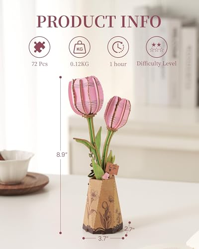 3D Flower Wooden Puzzles for Adults-Pink Tulip, DIY Wooden Flowers Model Kit Building Set Crafts for Adults to Build, Botanical Collection/Ideal Creative Gift Ideas/Housewarming (72PCS) - style: TW - Pink Tulip
