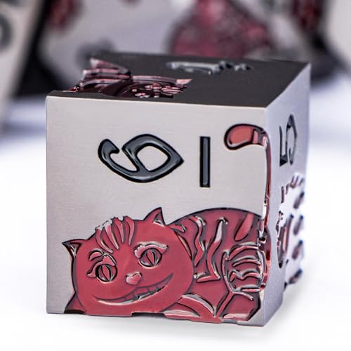 Metal DND Cat Dice 7PCS Polyhedral RPG Dice Set with Gift Case for Dungeons Dragons Role Playing Game, D and D Dice D6 D8 D10 D12 D20 D% (Grey Red) - color: Cat-grey Red