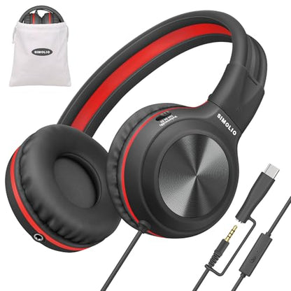 SIMOLIO Wired Headphones for Kids with Mic, USB C & 3.5mm, Safe Volume, Share Port & Pouch, Kids Headphones w/Passive Noise Cancelling, Foldable Headsets for School Airplane Travel iPad (Black) - color: Jet Black USB C&3.5mm