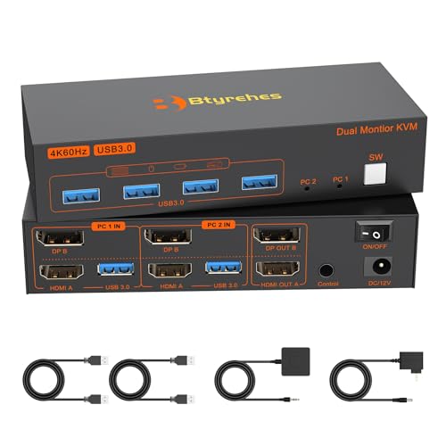 4K Kvm Switch 2 Monitors 2 Computers 4K@60Hz HDMI Displayport Dual Monitor KVM Switches 2 Ports for 2 PC Share Mouse Keyboard and 2 Screens with USB 3.0 Cables and Extended Controller