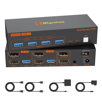 4K Kvm Switch 2 Monitors 2 Computers 4K@60Hz HDMI Displayport Dual Monitor KVM Switches 2 Ports for 2 PC Share Mouse Keyboard and 2 Screens with USB 3.0 Cables and Extended Controller
