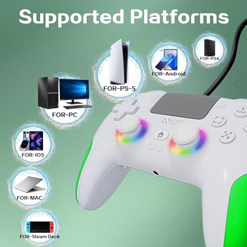 Akalyptra Wired Controller for PS-5/PC, Cool RGB Gamepad Support Programmable/Remap/Turbo Functions, Dual Vibration, 3.5MM Audio Jack, Motion Control, Compatible with PS-5/PS-4/PC/MAC/IOS/Android/Steam Deck(Green, 87inch) - color: Yellow