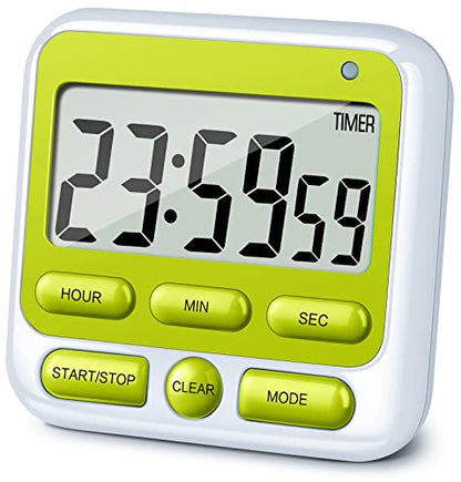 4-in-1 Digital Timer with Count Up/Down, Clock & Alarm, Ring & Silent Modes | Large 2.8-Inch easy-read LCD, On/Off switch, 24-Hour count up/down, Fast-forward function, Magnetic back, stand, hanging hole - color: Green