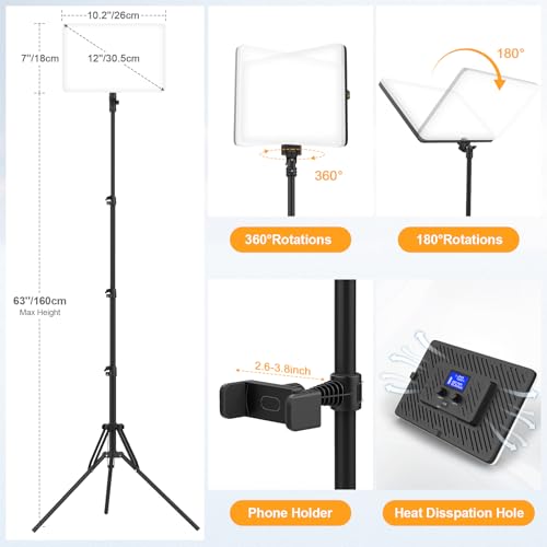 2 Packs LED Video Light with 63" Tripod Stand, QEUOOIY 20W Bi-Color Photography Lighting Kit, Dimmable 2500-8500K Studio Conference Light, Built-in 8000mAh Battery for YouTube/TikTok/Vlog/Streaming