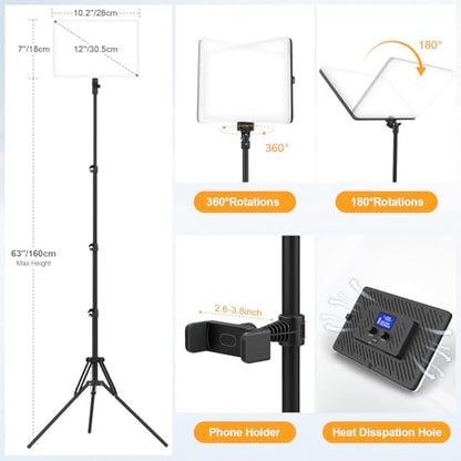 2 Packs LED Video Light with 63" Tripod Stand, QEUOOIY 20W Bi-Color Photography Lighting Kit, Dimmable 2500-8500K Studio Conference Light, Built-in 8000mAh Battery for YouTube/TikTok/Vlog/Streaming